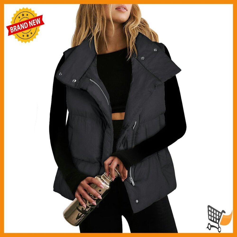 Lightweight Quilted Puffer Vest, Stand Collar, Side Pockets, Winter Outerwear